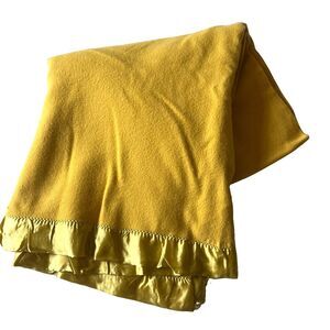 VTG 60s 70s Virgin Wool Blanket Throw Satin Trim Gold 68x70 SEARS Source 24 MCM